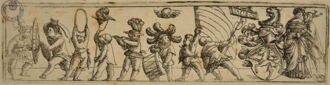 Monogrammista C.B. (Cristoffel Bockstorffer) - Il folle e la fanciulla con uno stemma e putti che suonano, lottano e giocano